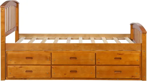 Vista 4 de Cama de almacenamiento con plataforma de madera de tamaño individual con 6 cajones, muebles de dormitorio para niños (roble)