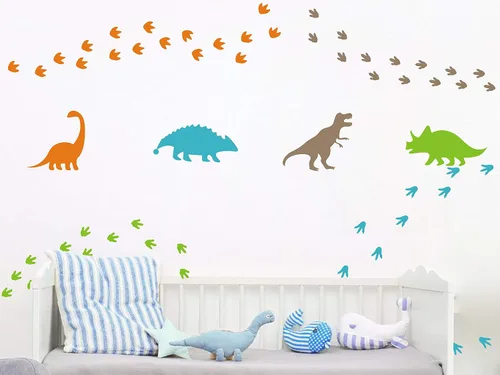 Vista 3 de Calcomanías de pared de dinosaurios, huellas de dinosaurios, calcomanías de pared de vinilo mate, decoración de pared para niños y bebés