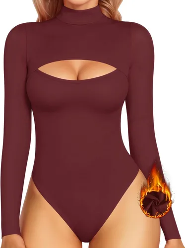 Vista 27 de MANGOPOP - Body de cuello alto con recorte frontal para mujer, manga larga, sin mangas, cuello de tortuga, trajes sexys 01 Manga larga negra