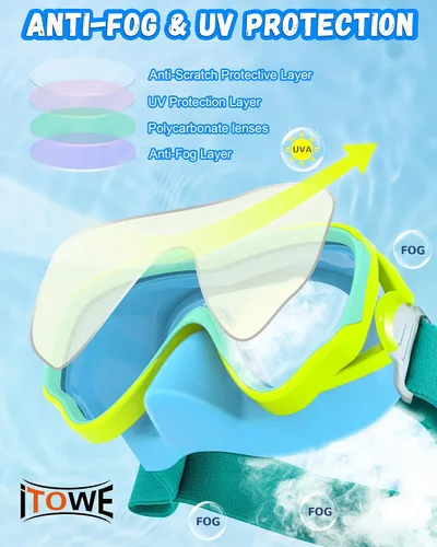 Vista 5 de Gafas de natación para niños con correa de tela para niños de 3 a 15 años, gafas de natación a prueba de fugas con cubierta nasal, vista clara