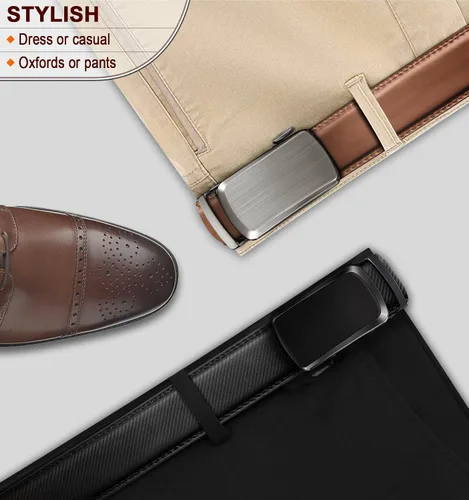 Vista 6 de BULLIANT Cinturones para hombre, paquete de 2, cinturón deslizante de trinquete ajustable para regalo, vestido casual de 1 38 pulgadas, corte