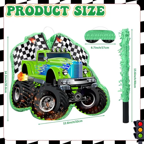 Vista 2 de Faccito Piñata de camión de carreras de monstruo con venda y palo, piñata de carreras pequeña verde para decoración de fiestas de niños, 14.1 x 12.6