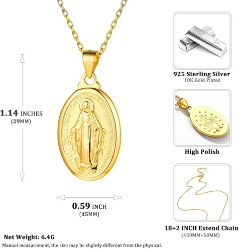 Vista 3 de Nofade Silver Collar personalizado de la Virgen María de Plata de ley 925 joyería religiosa cristiana collar con colgante de moneda ovalada