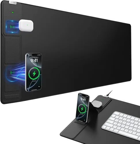 Vista 7 de Alfombrilla magnética de carga inalámbrica para mouse, 27.5 x 11.8 pulgadas, tapete de escritorio para juegos con bordes cosidos superiores, base