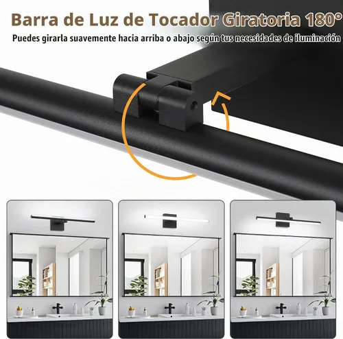 Vista 3 de Lámpara LED para tocador de baño, moderna lámpara de baño sobre el espejo (blanco frío 6000 K), barra de luz de tocador con ángulo ajustable, 24