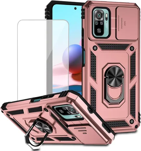 Vista 10 de Funda para Redmi Note 10/Redmi Note 10S/Poco M5S con protector de pantalla de vidrio templado y cubierta de cámara deslizante, anillo magnético Negro