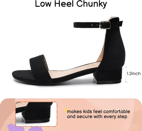 Vista 3 de Athlefit Sandalias para niñas, puntera abierta, correa en el tobillo, tacones bajos, zapatos de vestir para niñas pequeñas y grandes