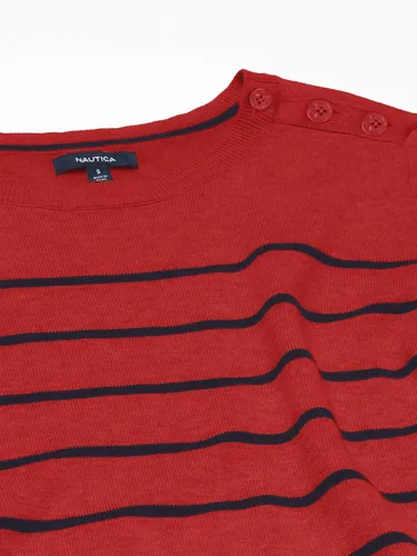 Vista 7 de Nautica Suéter de manga larga para mujer, 100% algodón, a rayas, cuello redondo