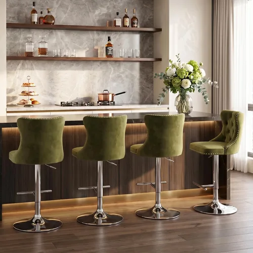 Vista 160 de SoarFlash Juego de 2 taburetes de bar tapizados de terciopelo moderno con patas de madera, botones acolchados, cabeza de clavo cromada, asiento