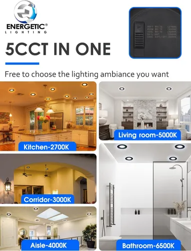 Vista 3 de Paquete de 2 luces LED empotrables 5CCT negras de 5/6 pulgadas, 2700K/3000K/4000K/5000K/6500K seleccionables, luces de lata regulables con borde