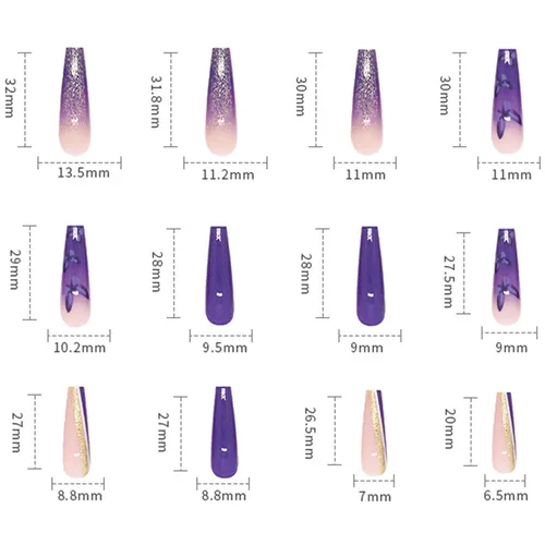 Vista 3 de Uñas postizas de bailarina moradas de larga duración, 24 uñas postizas reutilizables de cobertura completa con pestañas adhesivas, uñas postizas
