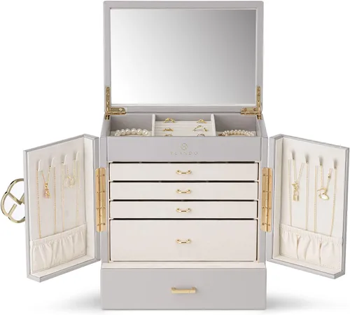 Vista 8 de Vlando Joyero organizador 2023 para mujer, caja de joyería grande con 5 dibujados, cajas de joyería de piel sintética, aretes, collar, anillos, gris