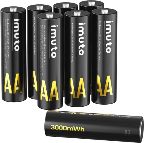 Vista 10 de imuto Baterías recargables AA, baterías de litio de 3000 mWh AA, paquete de 4 1.5V 2A Output Double a Battery, 2500+ Cycles life, Wide Temp