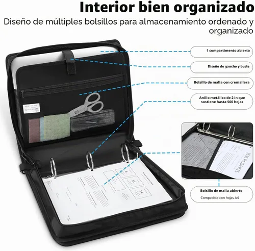 Vista 3 de MoKo Carpeta con cremallera, 3 anillos de 2 pulgadas, 500 hojas, carpetas Negro
