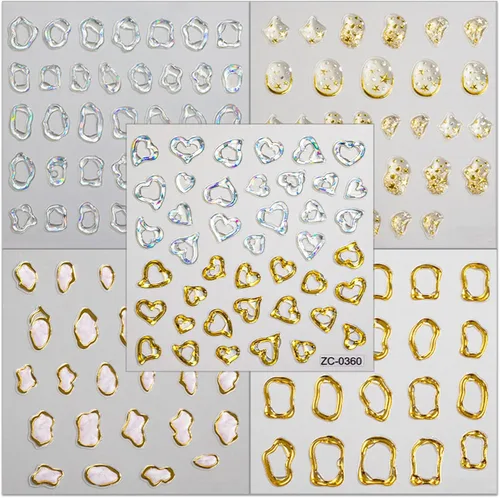 Vista 7 de Calcomanías de arte de uñas en relieve dorado 5D, calcomanías de cristal suave, marcos geométricos irregulares, calcomanías de corazón, diseños