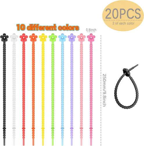 Vista 2 de 20 bridas de silicona reutilizables para cables, organizador de cables de silicona reutilizables, correas para cables, ataduras multiusos