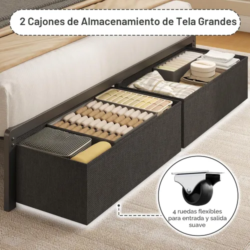 Vista 4 de Fluest Base de cama Queen con 2 cajones, cabecera tapizada con estación de almacenamiento y carga, luces LED, cajones de tela con ruedas, Gris