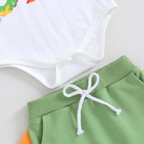 Vista 4 de Ropa de verano para bebé y niño, mameluco y pantalones de dinosaurio, 2 piezas, traje de primer cumpleaños