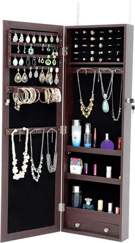 Vista 9 de HOUAGI Espejo con almacenamiento de joyas, organizador de joyas sobre la puerta, armario de joyería con cerradura para colgarmontaje en pared