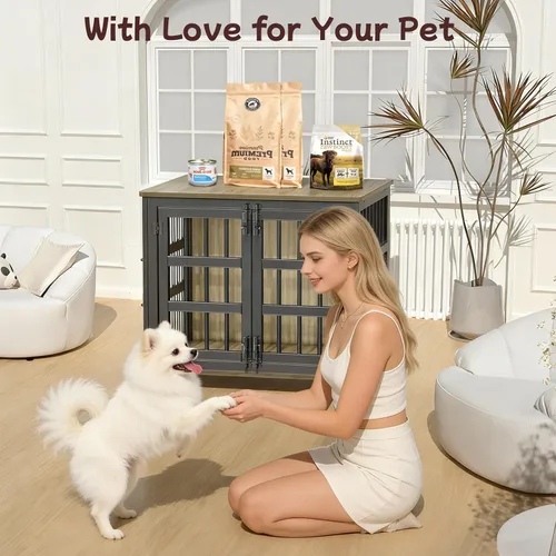 Vista 7 de Jaula para perros de 26 pulgadas, jaulas para perros de razas grandes, jaulas para perros interiores de madera, mesa auxiliar, jaula combinada