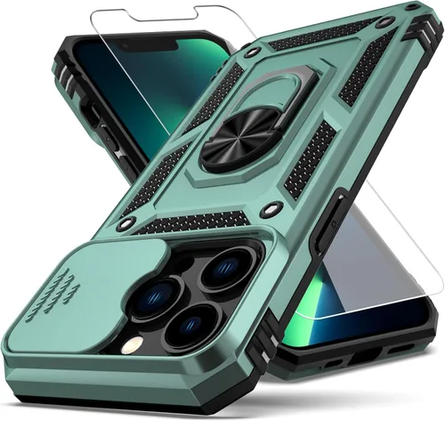 Vista 12 de Funda para iPhone 13 Pro, con cubierta para lente de cámara, protector de pantalla HD, [grado militar] anillo de montaje en coche con soporte Negro
