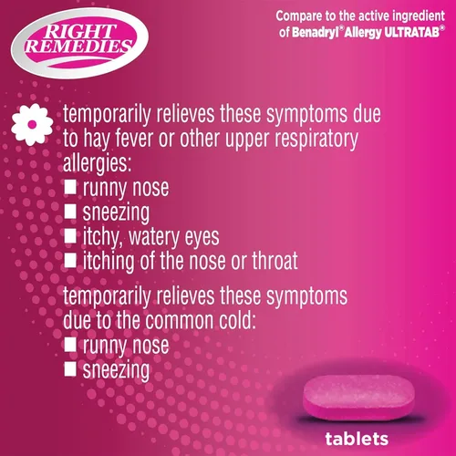 Vista 4 de RIGHT REMEDIES Antihistamínico para aliviar la alergia, difenhidramina HCl 25 mg, (600 unidades), en comparación con la marca nacional de ultratabs