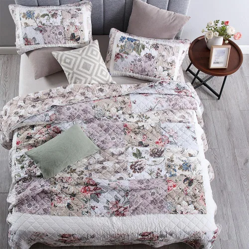 Vista 3 de Juego de ropa de cama de algodón, juego de colcha reversible de 3 piezas, edredón vintage con diseño floral de mosaico, colcha blanca, tamaño queen