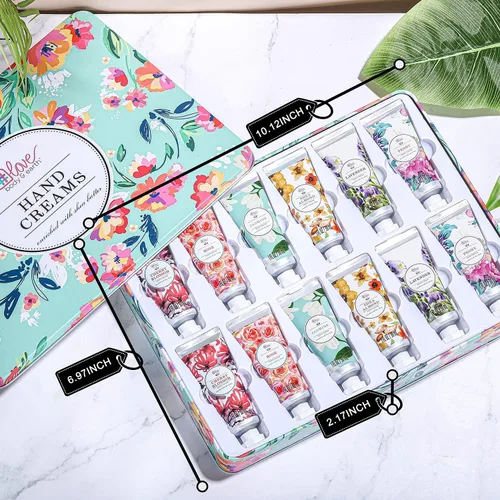 Vista 7 de Paquete de 12 regalos de crema de manos, loción hidratante enriquecida con manteca de karité para nutrir las manos secas, loción de manos
