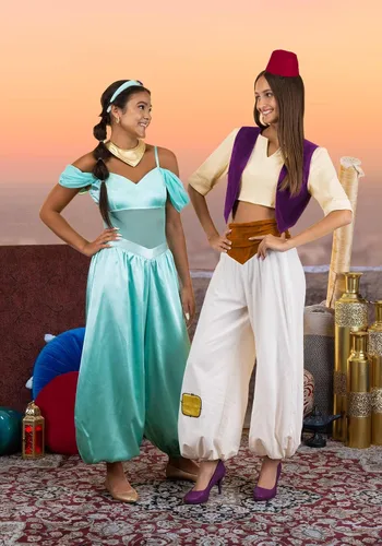 Vista 3 de Disney Aladdin Jasmine - Disfraz de princesa árabe para mujer, mameluco, pantalones, diadema y collar, con licencia