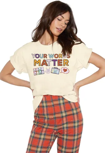 Vista 2 de Camiseta con texto en inglés "Your Words Matter", camiseta para profesora de educación especial, camiseta con gráfico inspirador