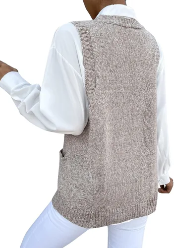 Vista 2 de Romwe Suéter de gran tamaño para mujer, cuello en V, doble bolsillo lateral, sin mangas, suéter de punto marmolado, suéter sin mangas