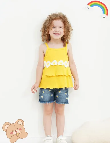 Vista 2 de Traje de verano de 2 piezas para niñas pequeñas, conjunto corto de girasol sin mangas