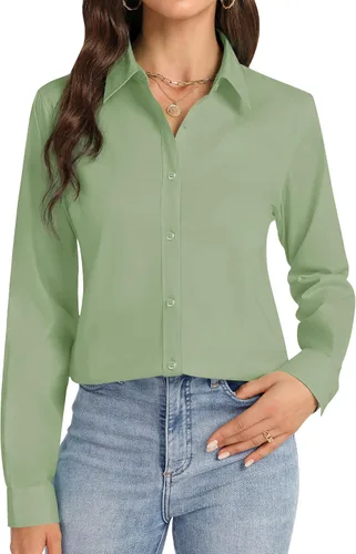 Vista 16 de Camisas con botones J.VER para mujer con cuello elástico y manga larga de algodón, camisa de vestir casual de negocios para el trabajo