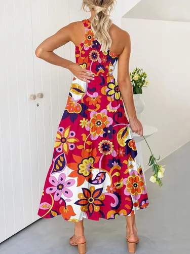 Vista 5 de ANRABESS - Vestido largo bohemio de verano con un hombro, sin mangas, fruncido, con vuelo, escalonado, para fiesta en la playa