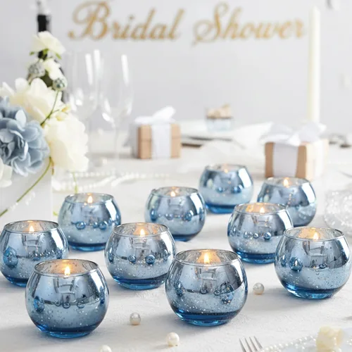 Vista 6 de 12 PCS Portavelas Votivos de Vidrio de Mercurio Azul para Velas de Té - Centros de Mesa Azules para Decoraciones de Despedida de Soltera, Decoración