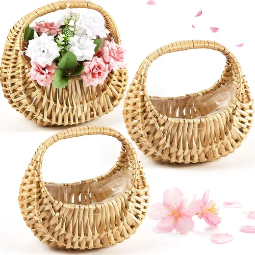 Vista 12 de Taiyin Paquete de 3 cestas de mimbre de mimbre de paja de media luna con asa, ideal para boda, niña, picnic, almacenamiento de jardín y decoración