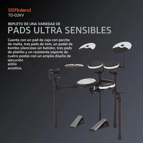 Vista 3 de Roland TD-02KV V-Drums Batería electrónica con capacidad de ejecución expresiva, características de reducción de ruido, redoblante con parche