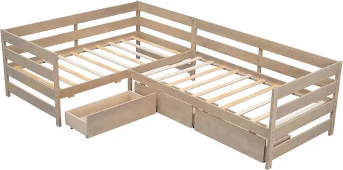 Vista 7 de Cama de plataforma de tamaño individual, cama individual en forma de L con tres cajones de almacenamiento, natural