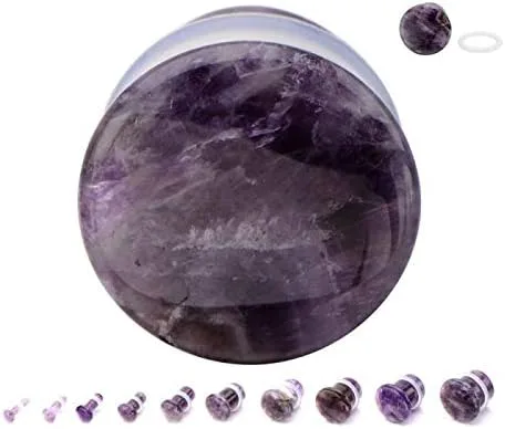 Vista 2 de Pierced Owl - Amethyst Natural Stone Single Flare Plugs with Clear O Ring, Sold as a Pair