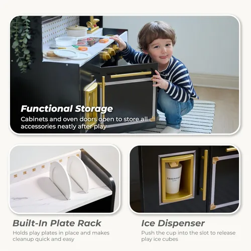 Vista 4 de Teamson Kids Juego de cocina de madera para niños pequeños con accesorios, juego de cocina simulada para niños de 3 años en adelante, juego de Negro