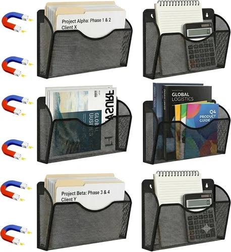 Vista 10 de 6 PCS Magnetic File Holder with Hooks,Magnetic File Folder Holder Organizer Negro