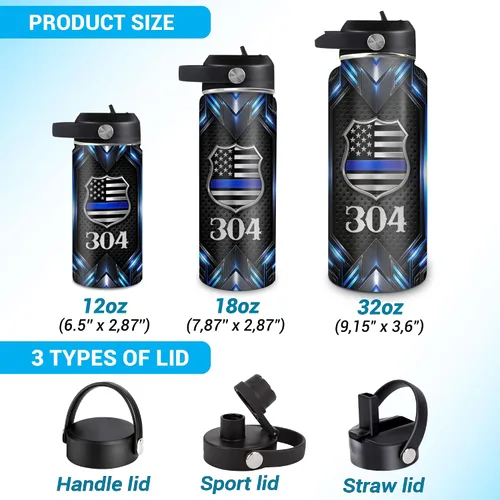 Vista 5 de Hyturtle Botella de Agua Personalizada de Policía - Botella de Acero Inoxidable Aislada con Tapa a Prueba de Fugas 18 oz, 32 oz - Regalo de Bandera