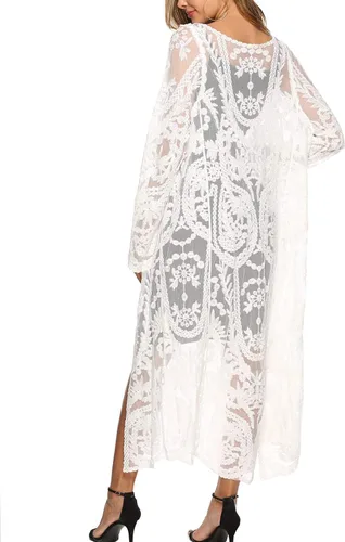 Vista 9 de Cárdigan de Encaje para Mujer de Crochet Floral Transparente Cobertor de Playa Kimono Largo Abierto