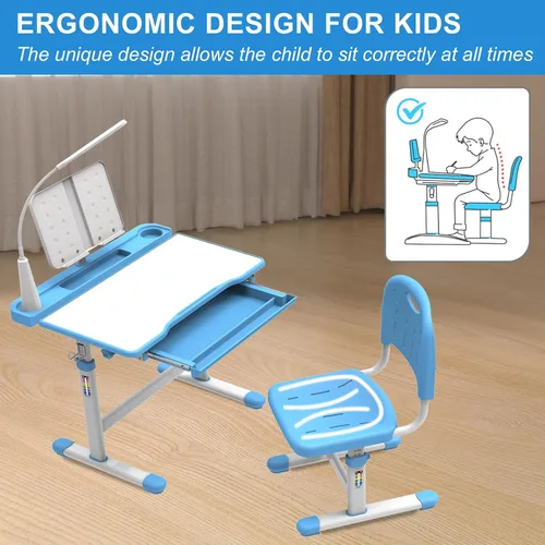 Vista 3 de BELANITAS Juego de escritorio y silla para niños, escritorio escolar de altura ajustable para niños, inclinable de 40 grados con 3 modos de luz