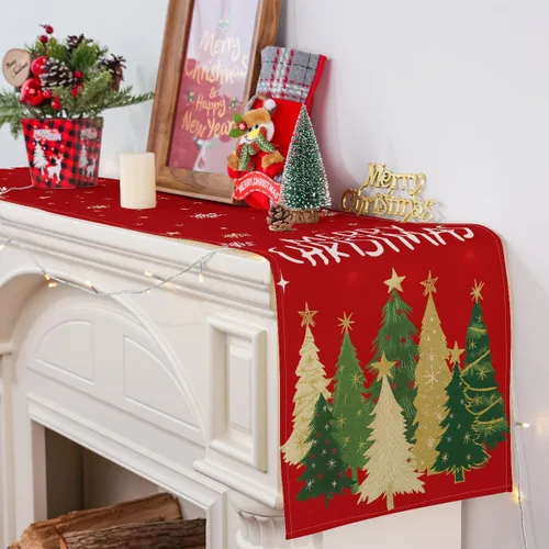 Vista 3 de Camino de Mesa de Navidad, Árboles Copos de Nieve Feliz Navidad Camino para Mesa Estacional Invierno Año Nuevo Vacaciones Hogar Fiesta Decoración