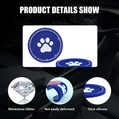 Vista 4 de Kewucn Bling Paw - Portavasos para automóvil, 2 posavasos antideslizantes para auto, tapete decorativo con diamantes de imitación de cristal