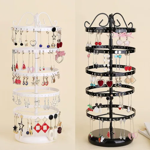 Vista 4 de Hancda Soporte organizador de joyas, 220 pares de soportes para pendientes, 220 agujeros, soporte de metal, torres colgantes, giratorio y ajustable