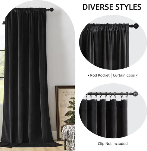 Vista 2 de Joydeco Cortinas de terciopelo negro de 63 pulgadas de largo, 2 paneles, cortinas opacas de lujo con bolsillo para barra, cortinas de ventana