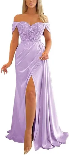 Vista 2 de KMQSY Vestido de fiesta de sirena con hombros descubiertos plisado de satén con cuentas de hendidura vestido formal hasta el suelo cuello en V