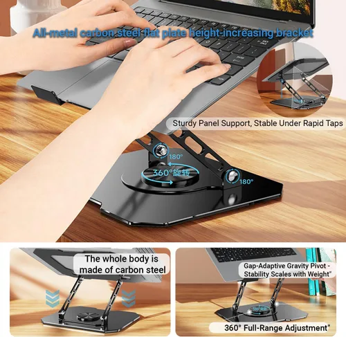 Vista 3 de Soporte ajustable para laptop para escritorio, elevador ergonómico giratorio de 360°, soporte plegable para computadora portátil compatible